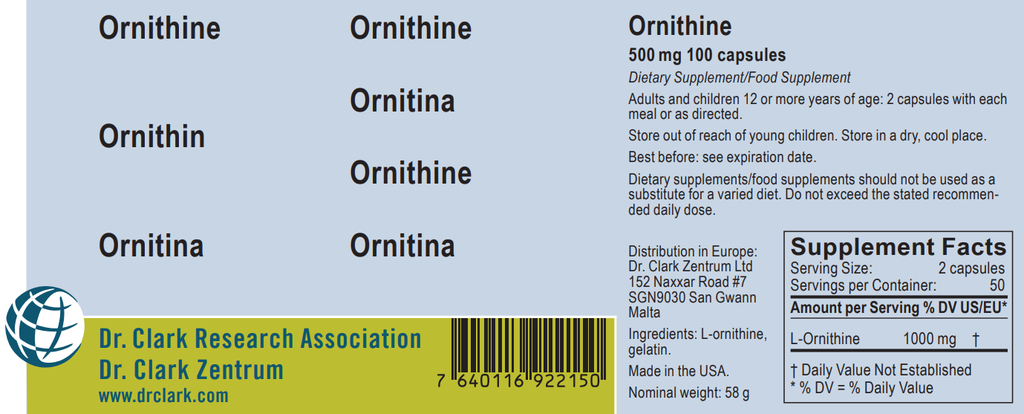 Ornithine, 500 mg 100 capsules