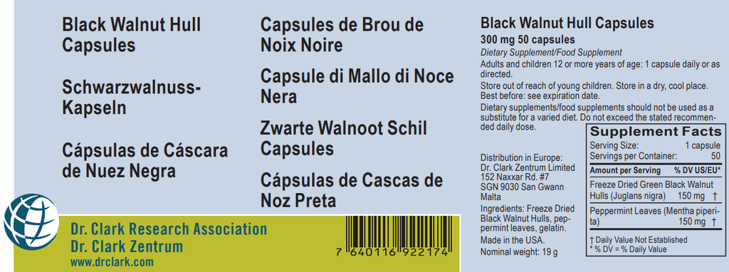 Black Walnut Hull CAPSULES (freeze dried), 300 mg 50 capsules