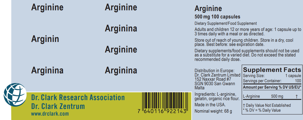 Arginine, 500 mg 100 capsules